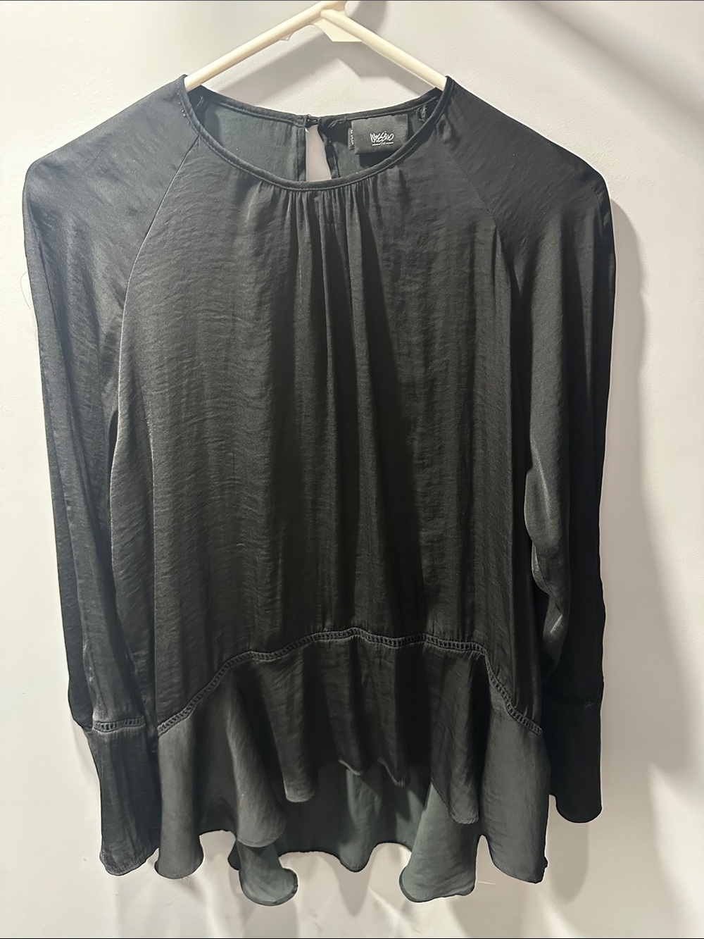 Black Long-Sleeve Ruffle-Hem Blouse